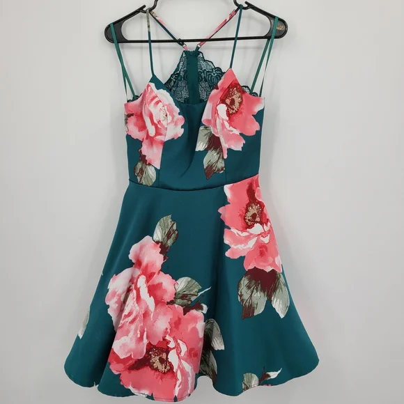 David's Bridal City Triangles Teal and Pink Lace Back Floral Mini Dress - Picture 13 of 14